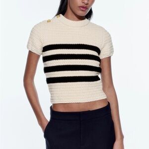 Zara Textured Black and Cream Striped Crop Top
